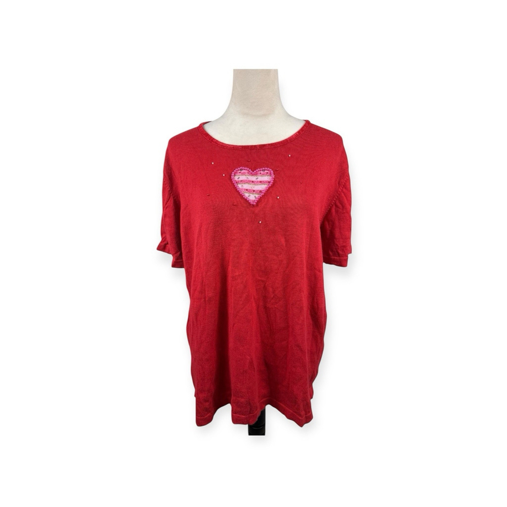 Quacker Factory Red Short Sleeve Sweater w/ Heart Appliqué And Beads Size 1X